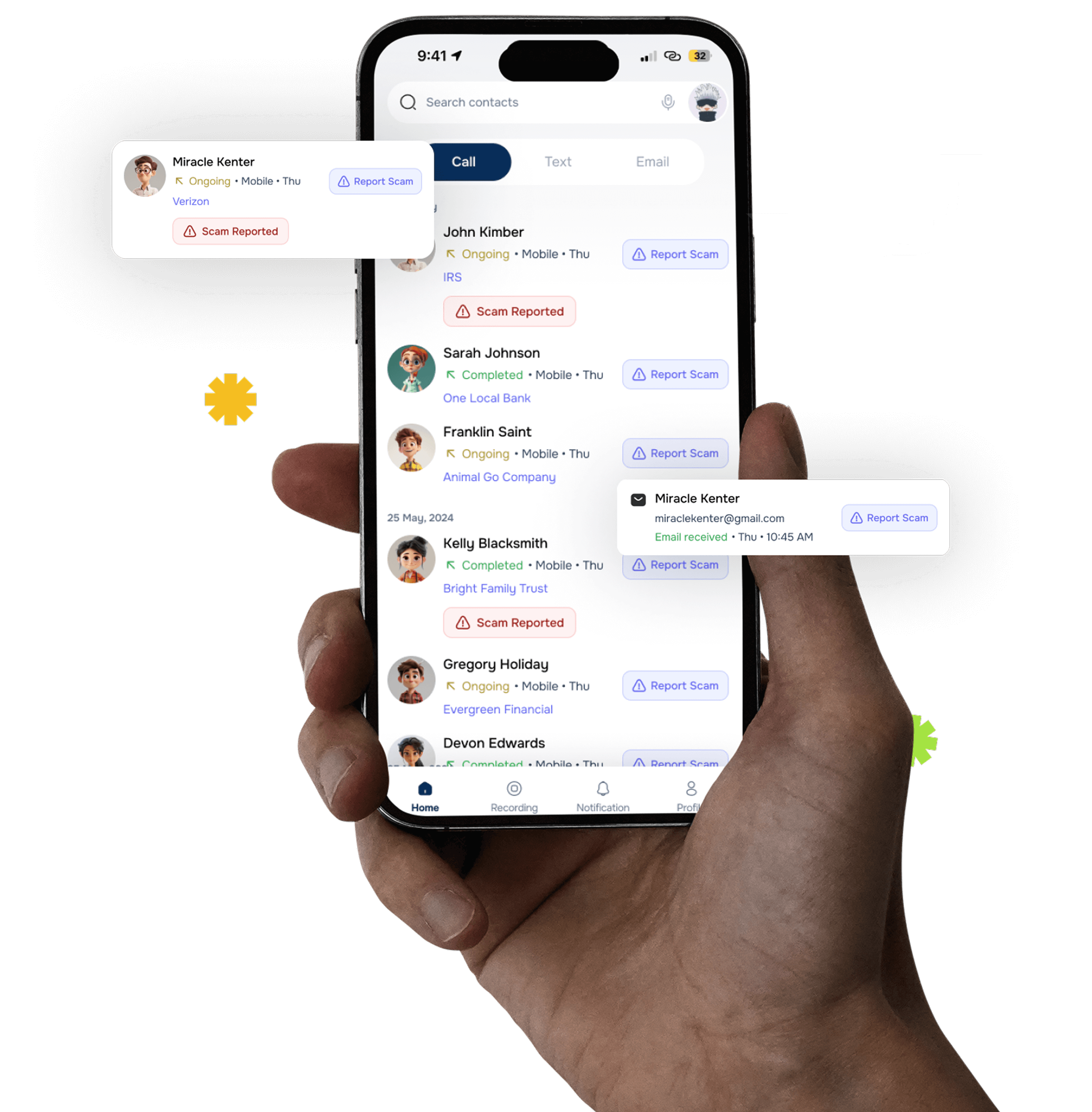 A mobile phone displaying scam protection and features