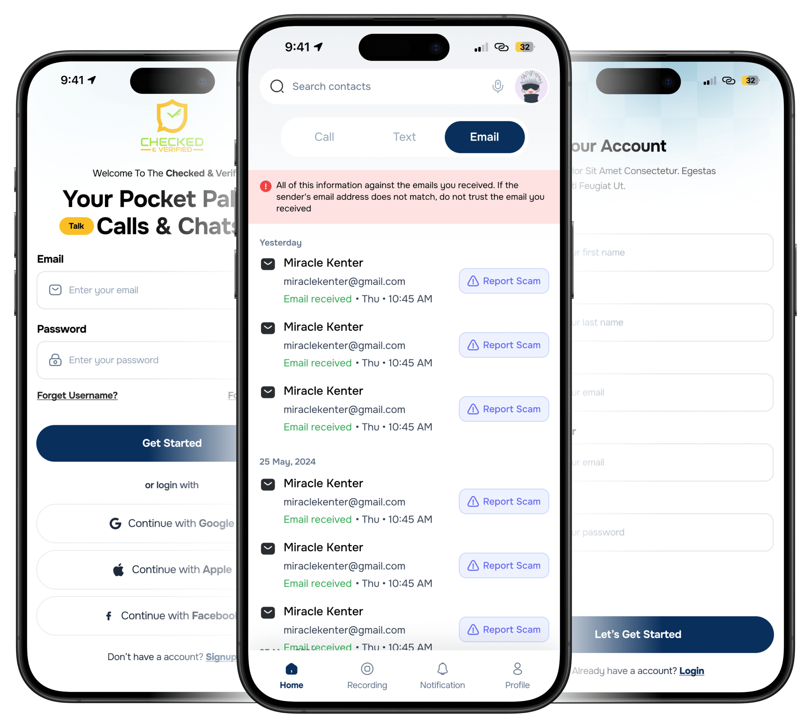 a banner of 3 phones each of them showing 1 feature of website (scam email protection , scam phone call , scam messages)